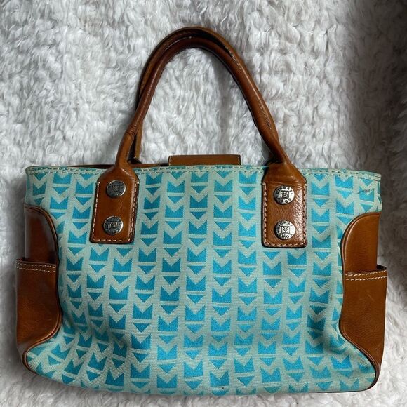 Michael Kors Monogram Blue canvas medium Satchel with leather tan trims &straps - Picture 5 of 12